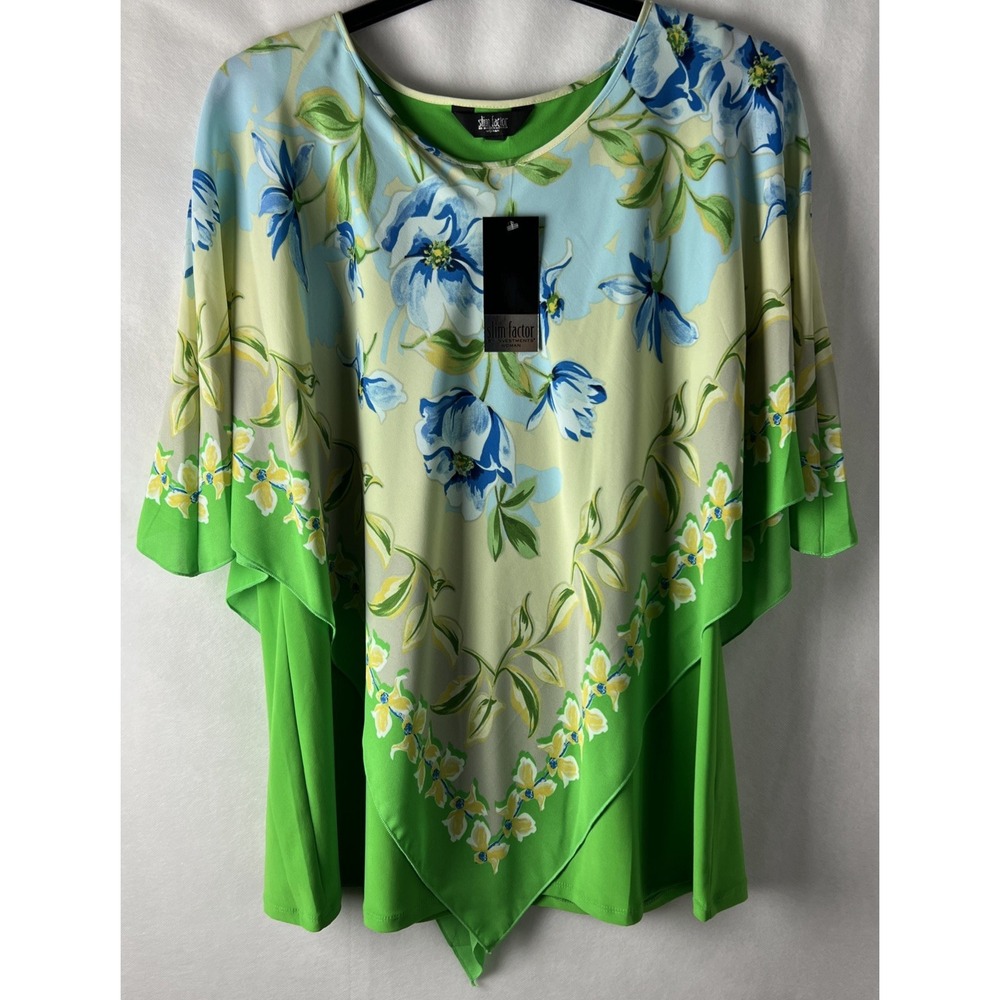 Slim Factor by Investments Blouse Women 1X Green Floral‎ Poncho Layered Top A33